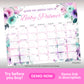 Floral-themed calendar titled "Guess the arrival date of Baby Palmer" with blank date boxes for predictions, covering late August and September.