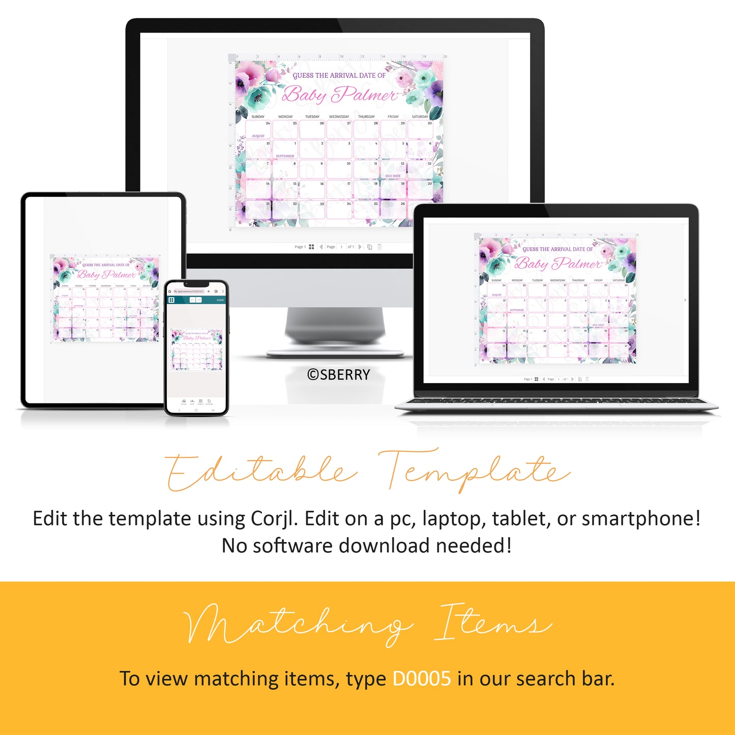 Editable baby shower planner template displayed on desktop, laptop, tablet, and smartphone screens, with instructions and code for matching items below.