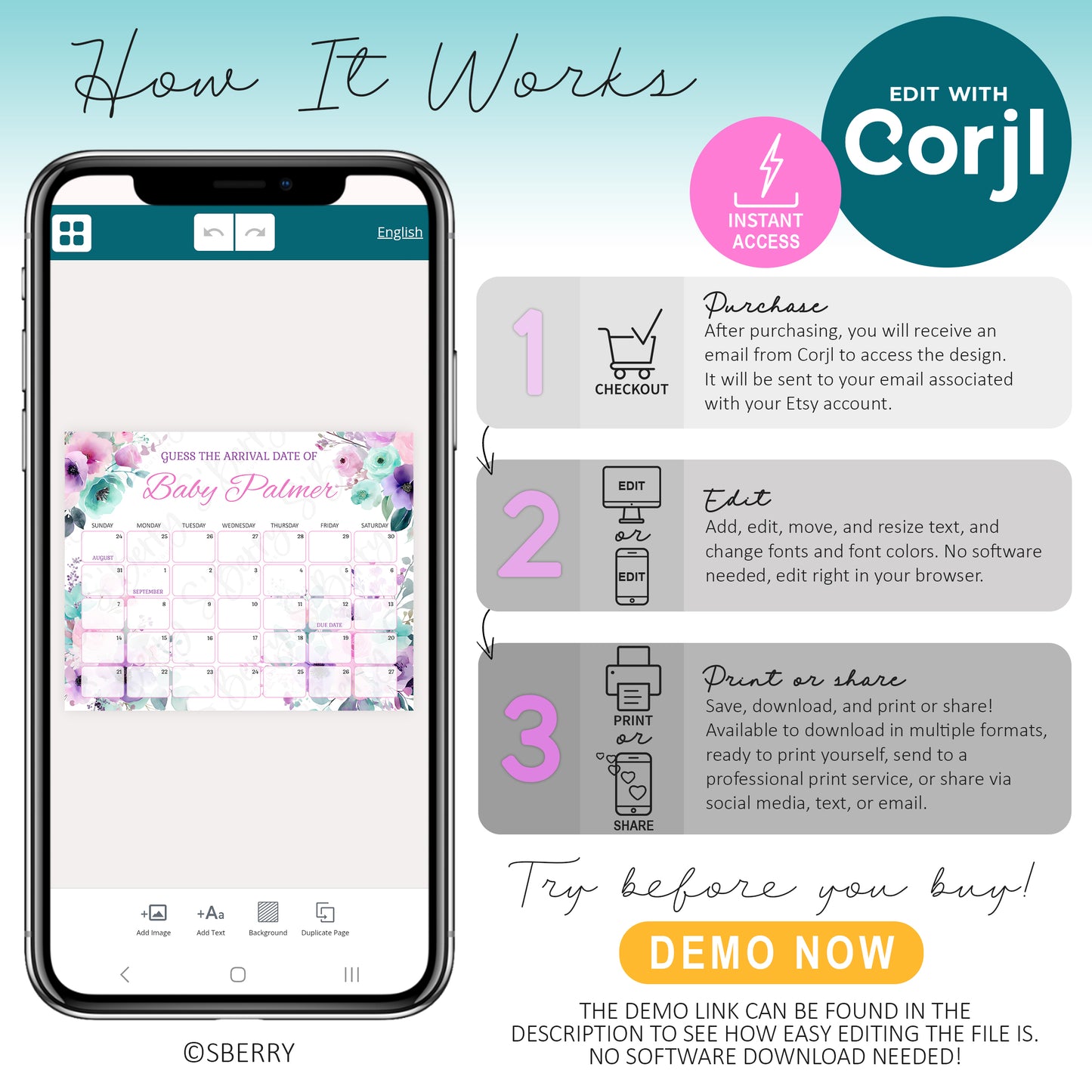 An infographic explains how to use Corjl to edit a baby shower game on a mobile phone, including steps to purchase, edit, and print or share the file.