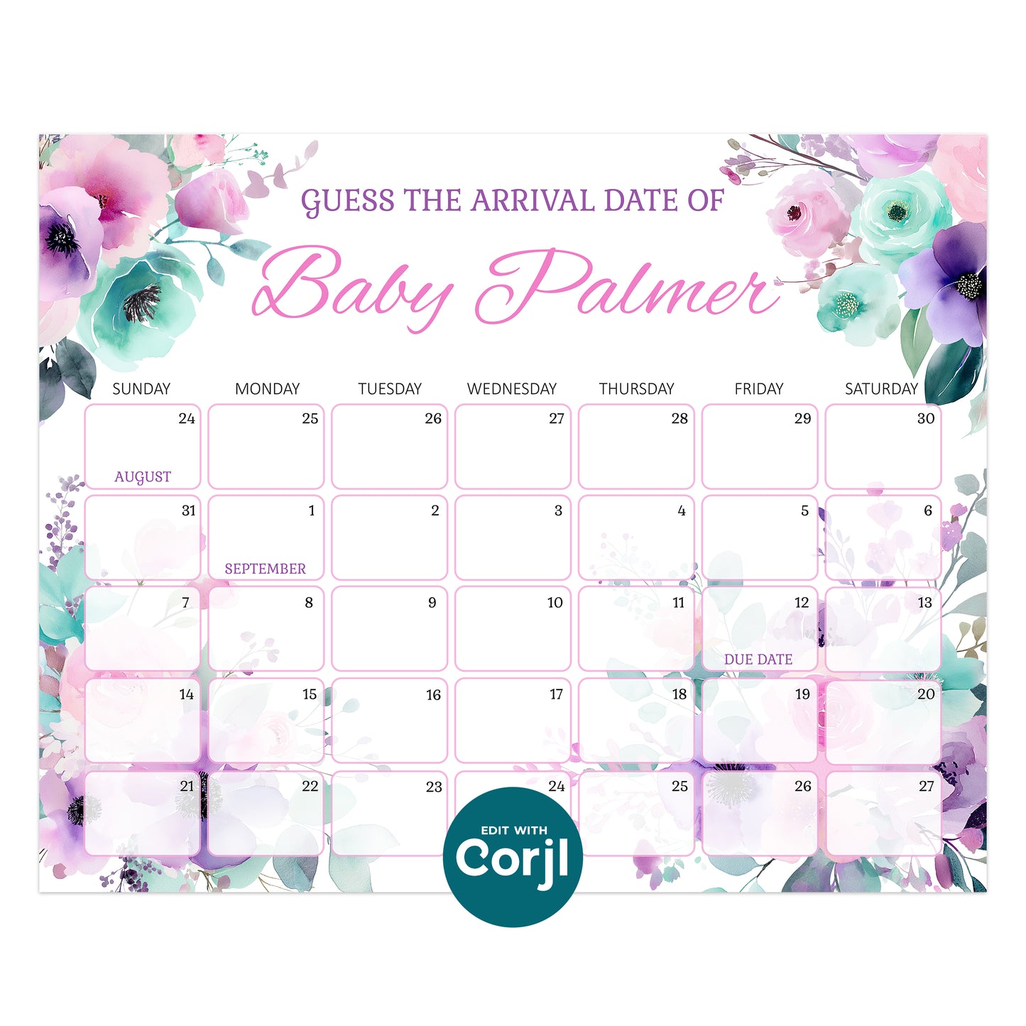 Floral-themed calendar titled "Guess the Arrival Date of Baby Palmer" with blank squares for guests to write their guesses for the baby's birth date.