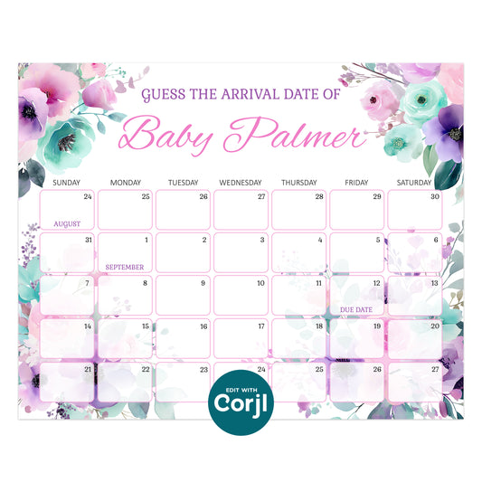 Printable baby shower due date prediction calendar floral theme guess baby arrival date game template