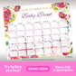 Floral-themed calendar titled "Guess the Arrival Date of Baby Brent," with blank boxes for each day of August and September for guesses; "DUE DATE" marked on September 12.