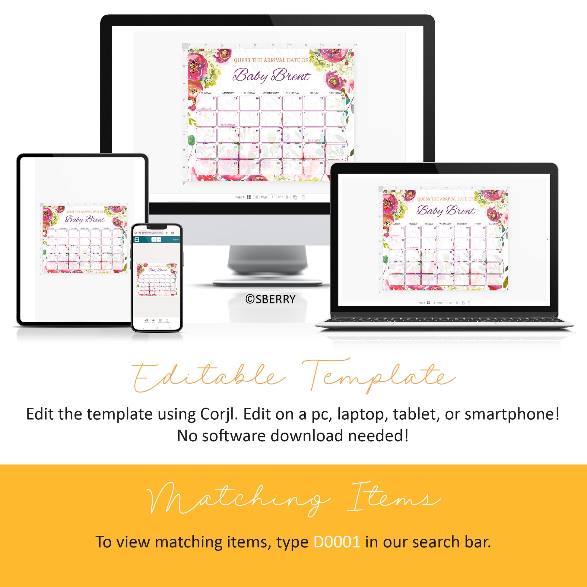 A floral-themed baby shower bingo game template is displayed on a desktop, laptop, tablet, and smartphone screen, with instructions for editing and finding matching items below.
