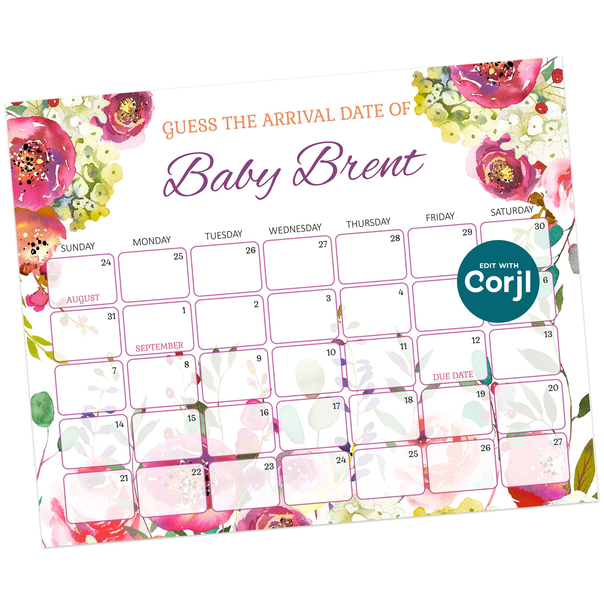 Floral-themed calendar with the title "Guess the Arrival Date of Baby Brent," featuring blank date boxes for predictions.