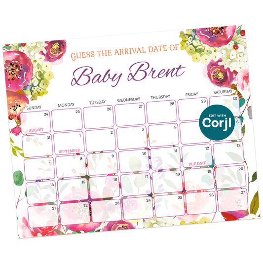 Printable floral baby shower prediction calendar sign guess baby due date game template editable download