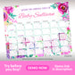 Floral-themed calendar with blank dates for guests to guess the arrival date of Baby Sullivan, labeled for August and September. Pink and purple flower decorations border the calendar.