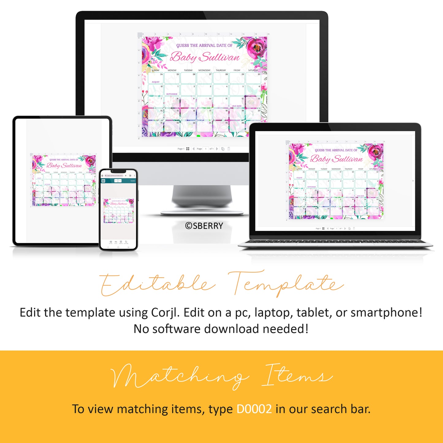 Multiple devices display a floral-themed baby shower invitation template. Text explains the template is editable on various devices using Corjl, with a note on finding matching items.