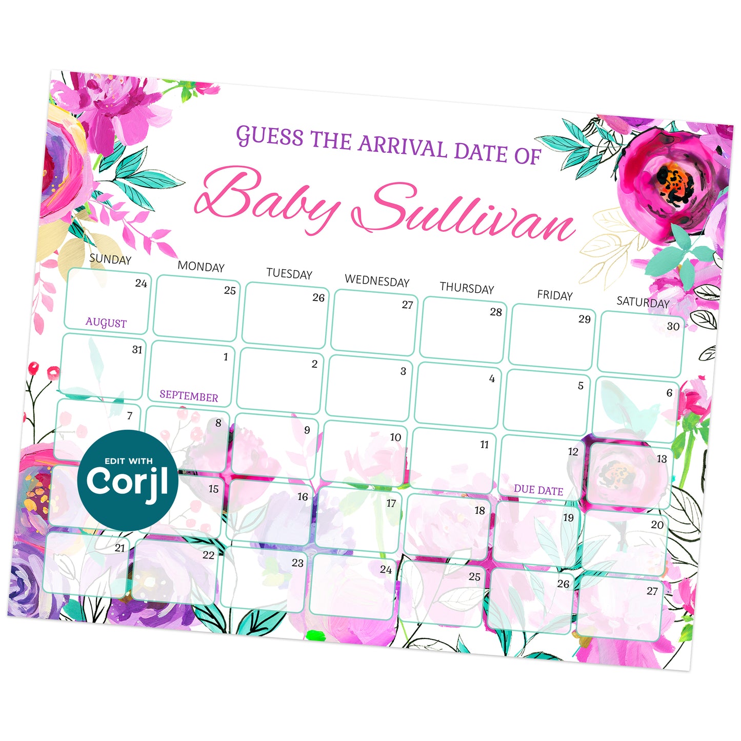 Floral-themed calendar titled "Guess the Arrival Date of Baby Sullivan" with blank squares for guessing the birth date in August and September.