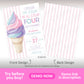 A pastel ice cream cone birthday invitation with colorful text, party details, and a striped pink and white back design.