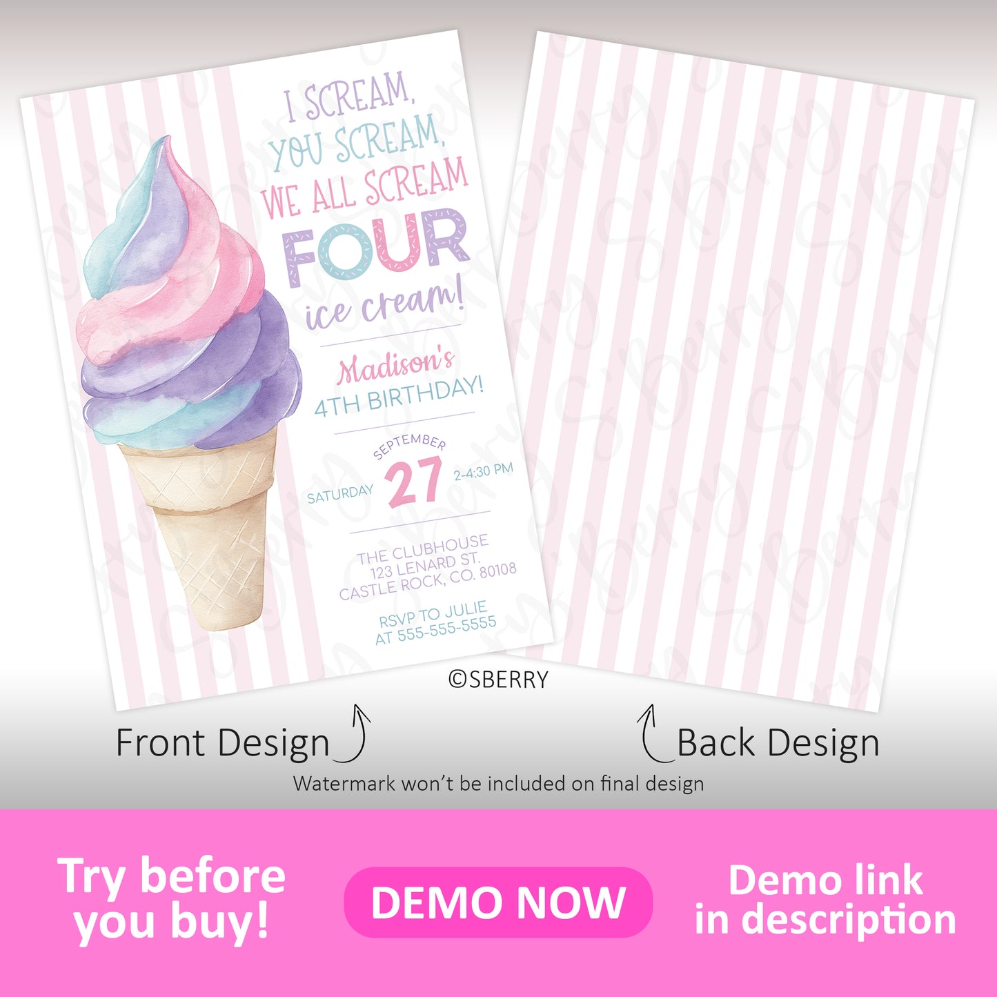 A pastel ice cream cone birthday invitation with colorful text, party details, and a striped pink and white back design.