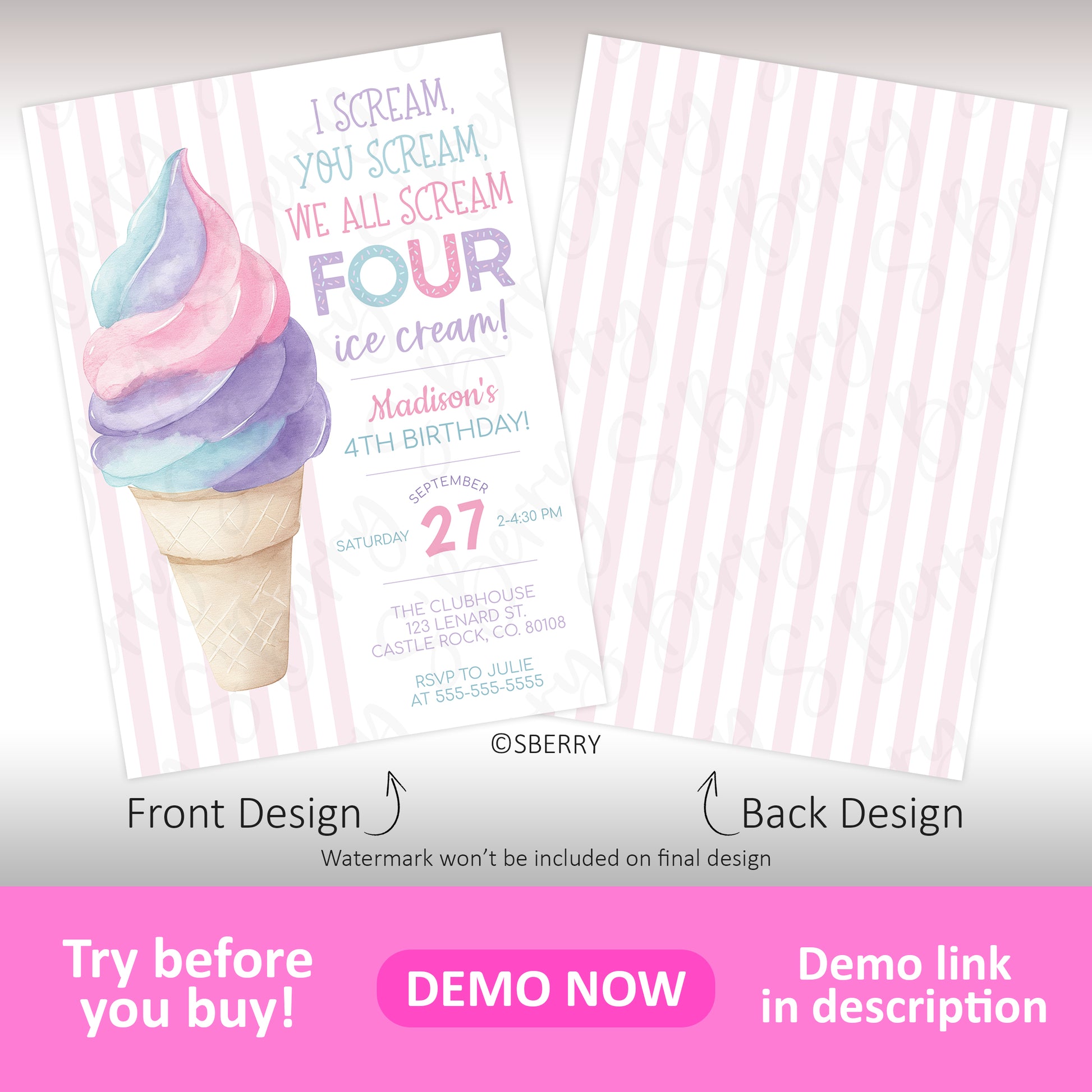 A pastel ice cream cone birthday invitation with colorful text, party details, and a striped pink and white back design.