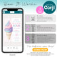Smartphone displaying an editable ice cream-themed invitation in the Corjl app, with step-by-step instructions for purchase, editing, and downloading or sharing the invitation.