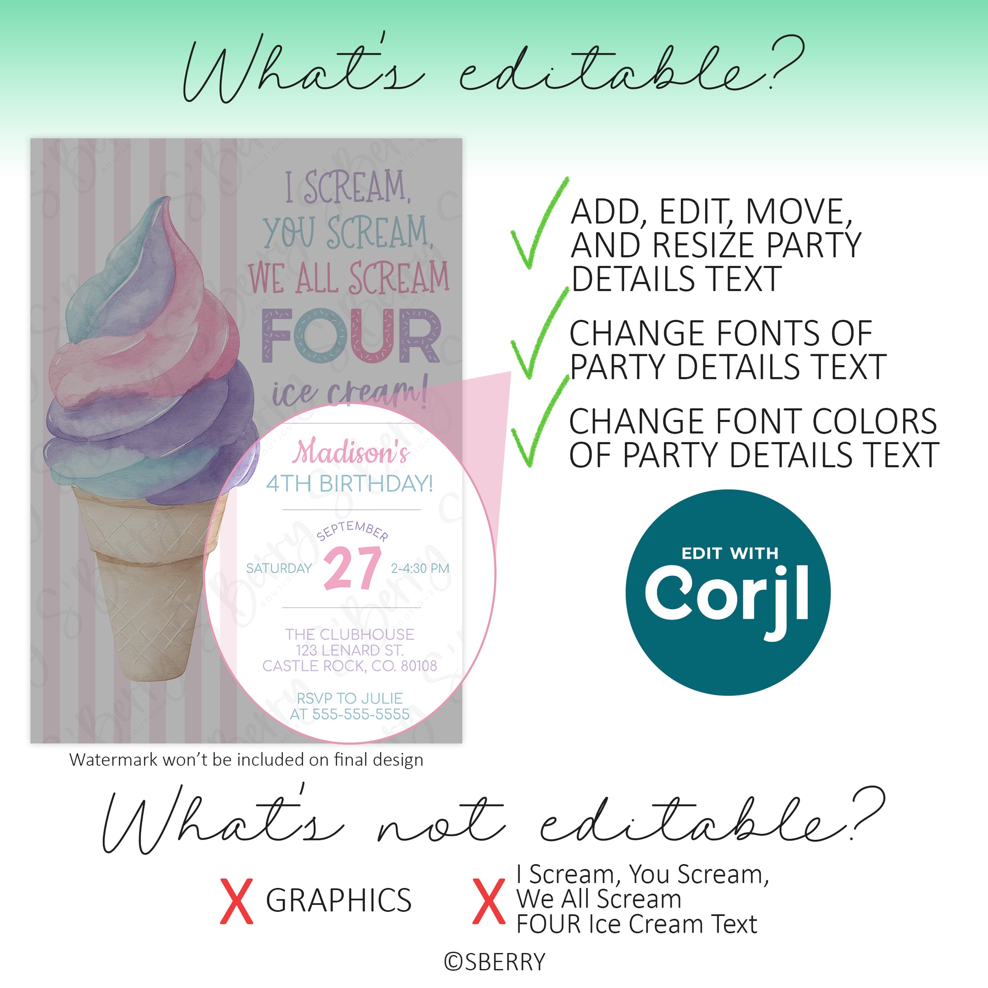 Editable elements of a pastel ice cream birthday invitation are highlighted; only party details text can be changed, not graphics or preset phrases.