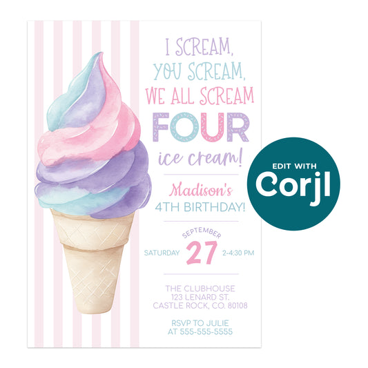 Pastel ice cream birthday invitation for a 4th birthday featuring soft serve illustration and pink striped background, editable Corjl template.