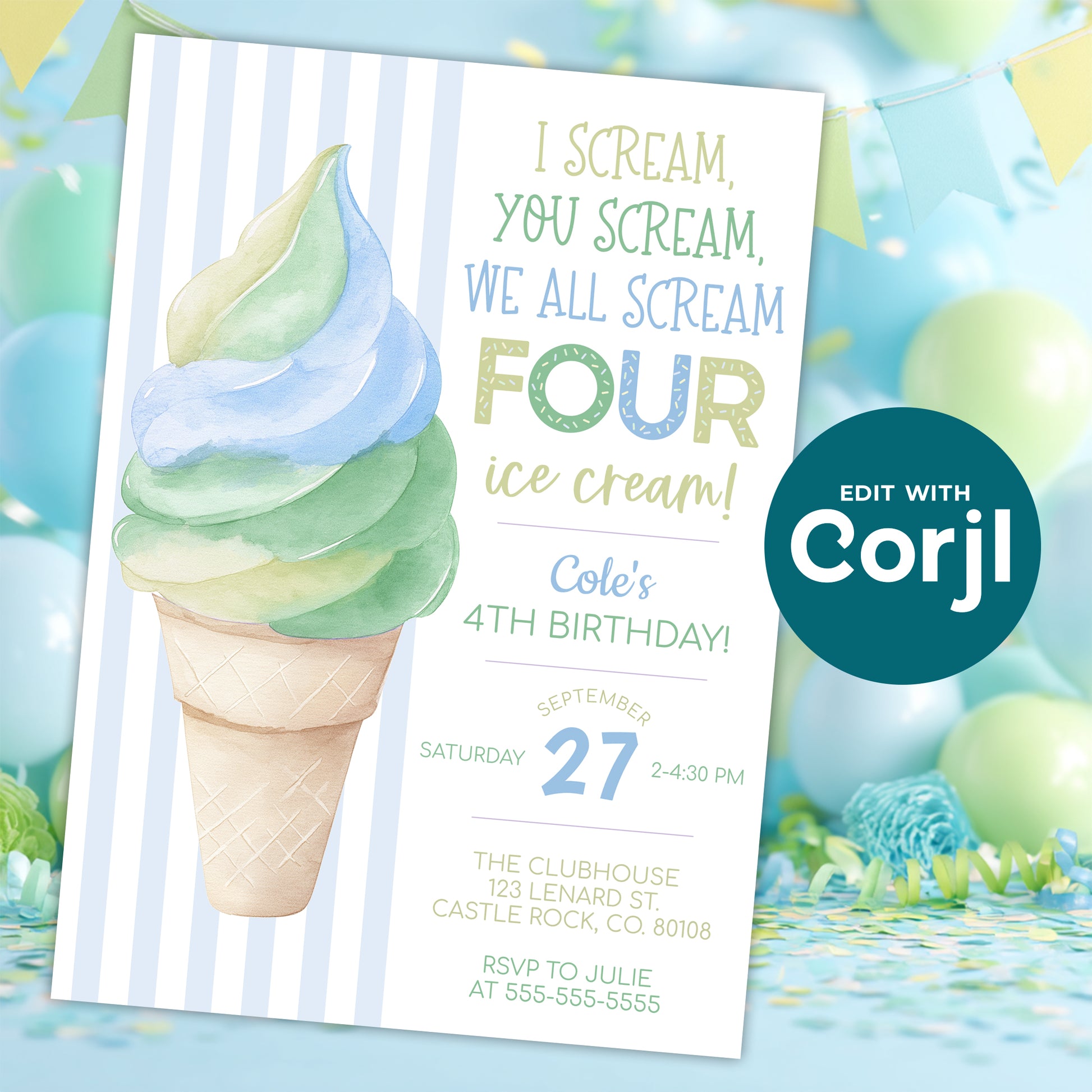 Ice cream themed birthday invitation displayed on blue and green party background with balloons and decorations, featuring soft serve design and editable Corjl template.