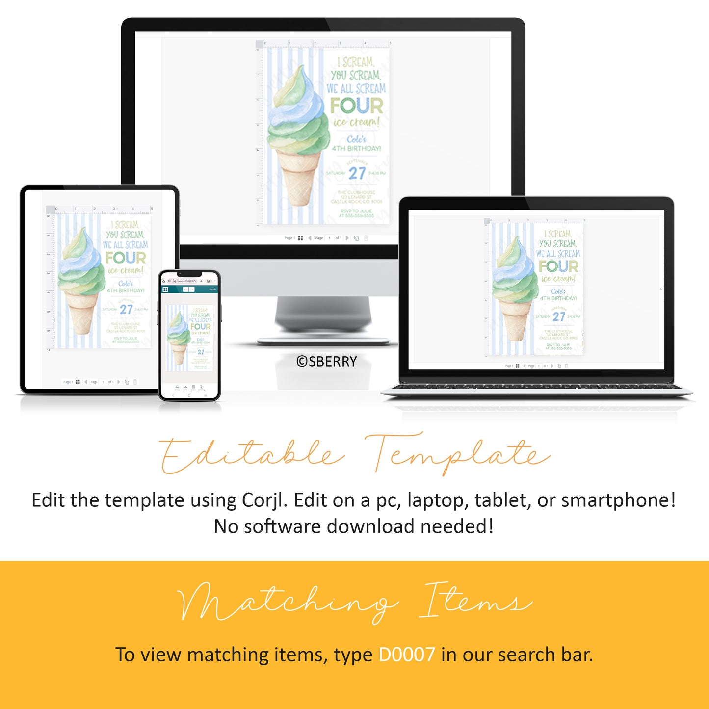 A digital ice cream party invitation template is displayed on a desktop, laptop, tablet, and smartphone, with instructions for editing the template using Corjl.