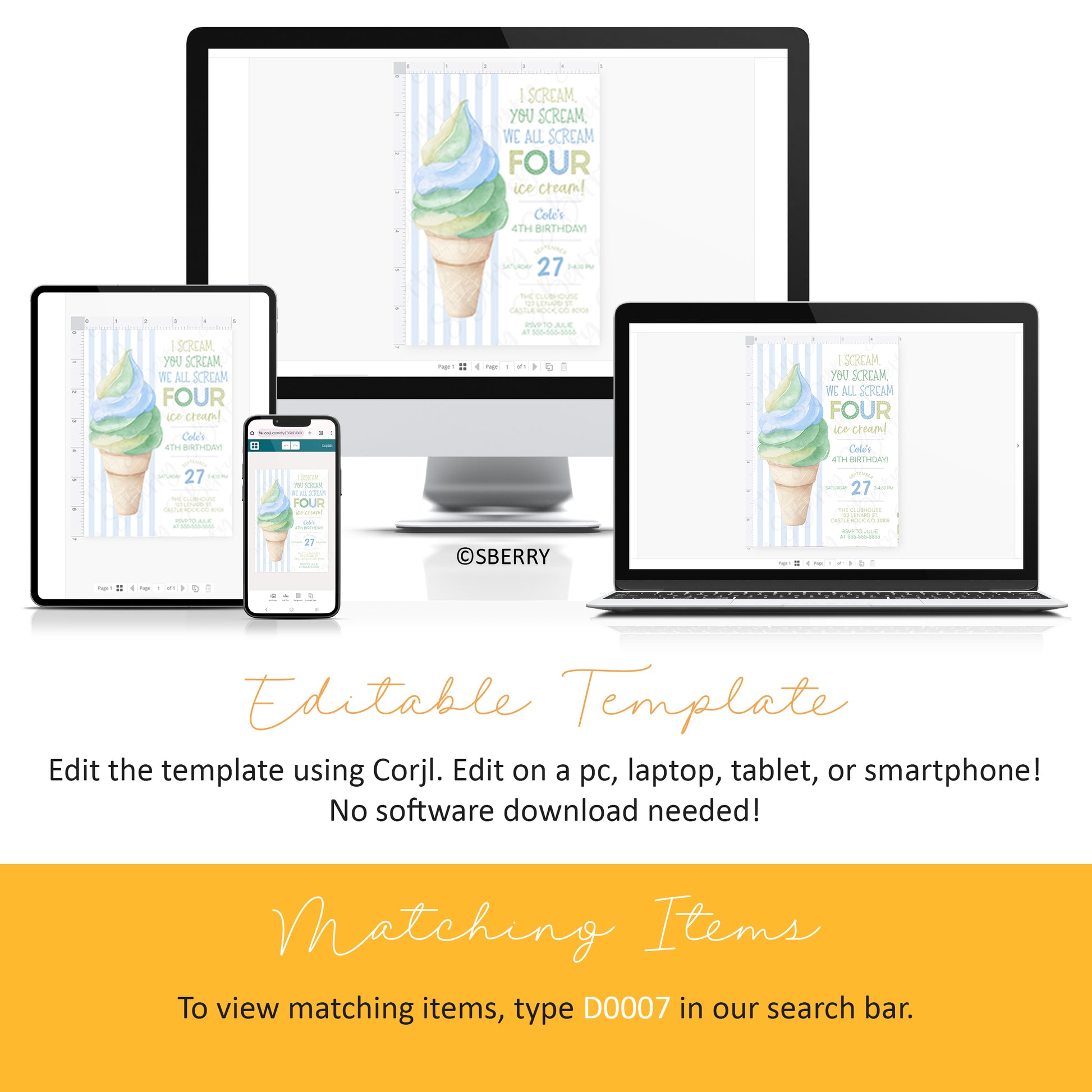 A digital ice cream party invitation template is displayed on a desktop, laptop, tablet, and smartphone, with instructions for editing the template using Corjl.