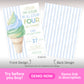 A birthday invitation featuring a watercolor ice cream cone and party details on the front, with a blue striped pattern on the back.