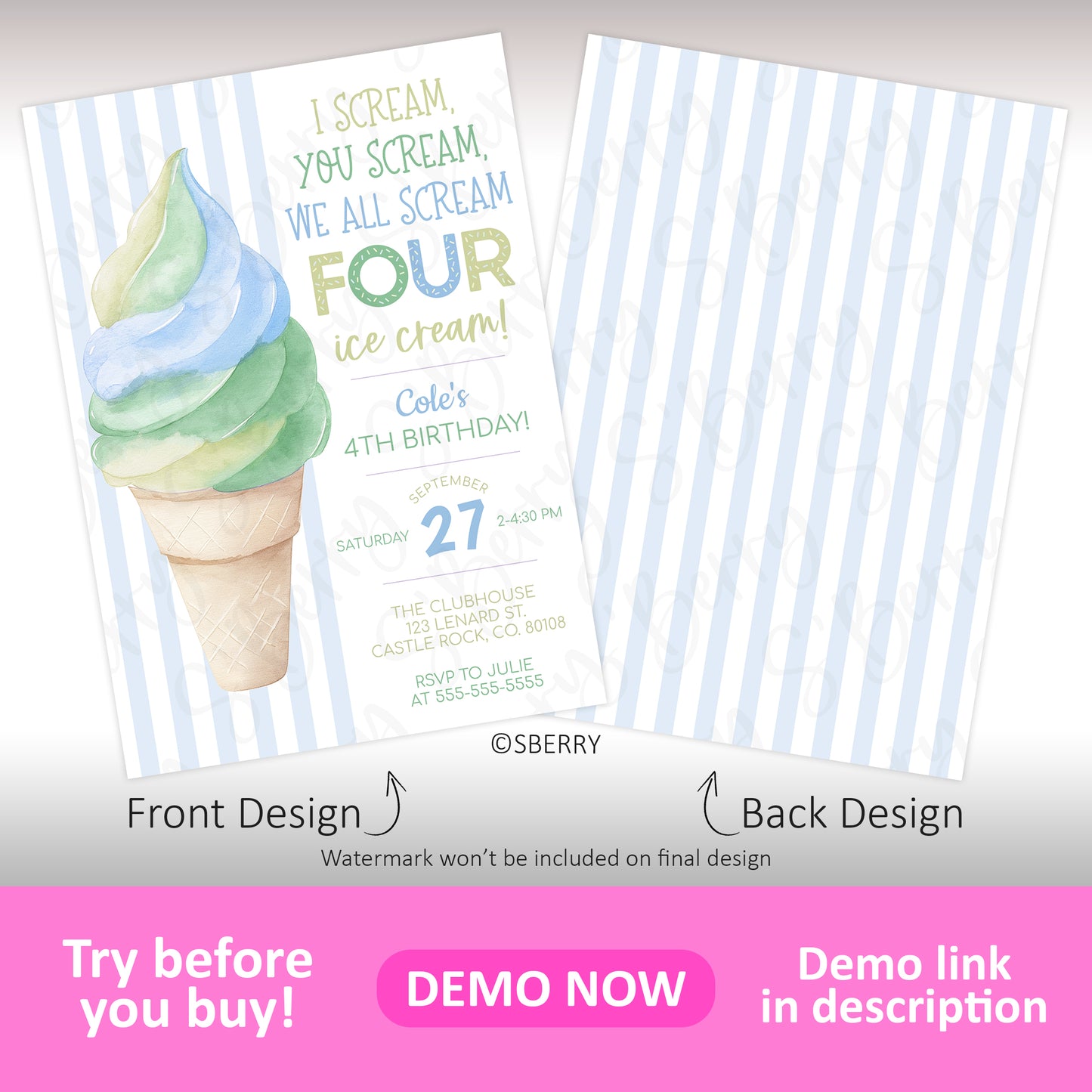 A birthday invitation featuring a watercolor ice cream cone and party details on the front, with a blue striped pattern on the back.