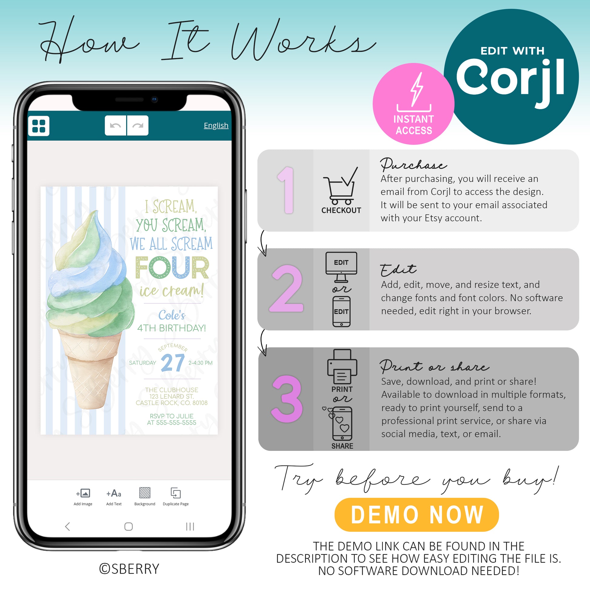 An iPhone displaying a birthday invitation being edited in Corjl next to illustrated instructions showing steps to purchase, edit, and download or share a digital file.