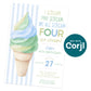 Birthday invitation featuring a pastel ice cream cone illustration and event details for Cole's 4th birthday party at The Clubhouse on September 27.