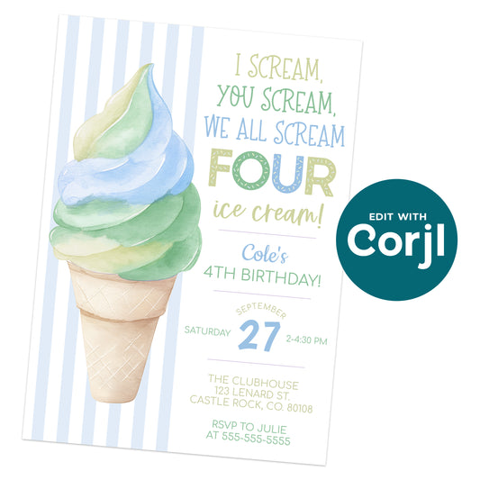 Blue and green ice cream birthday invitation for a 4th birthday featuring soft serve illustration and striped background, editable Corjl template.