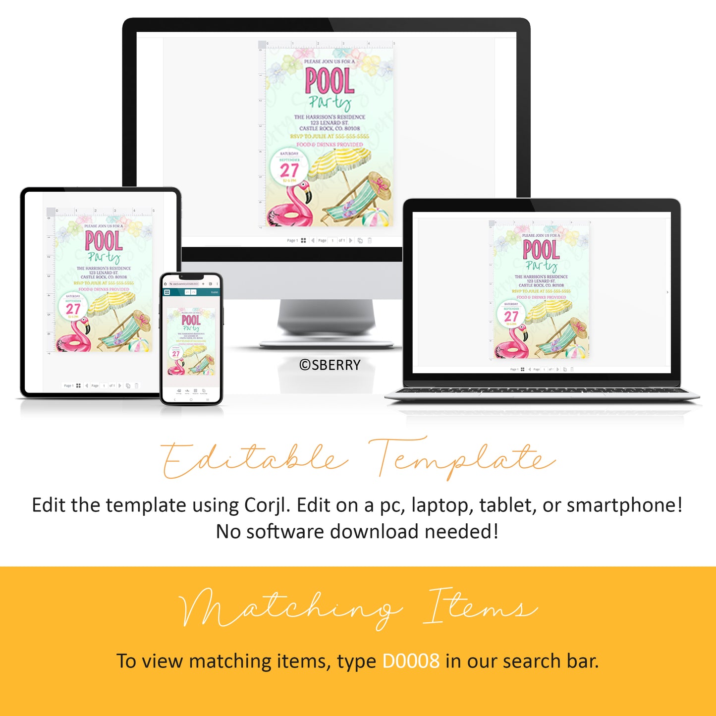 A pool party invitation template is displayed on a computer, laptop, tablet, and smartphone, showing compatibility with multiple devices. Text explains editing options and finding matching items.