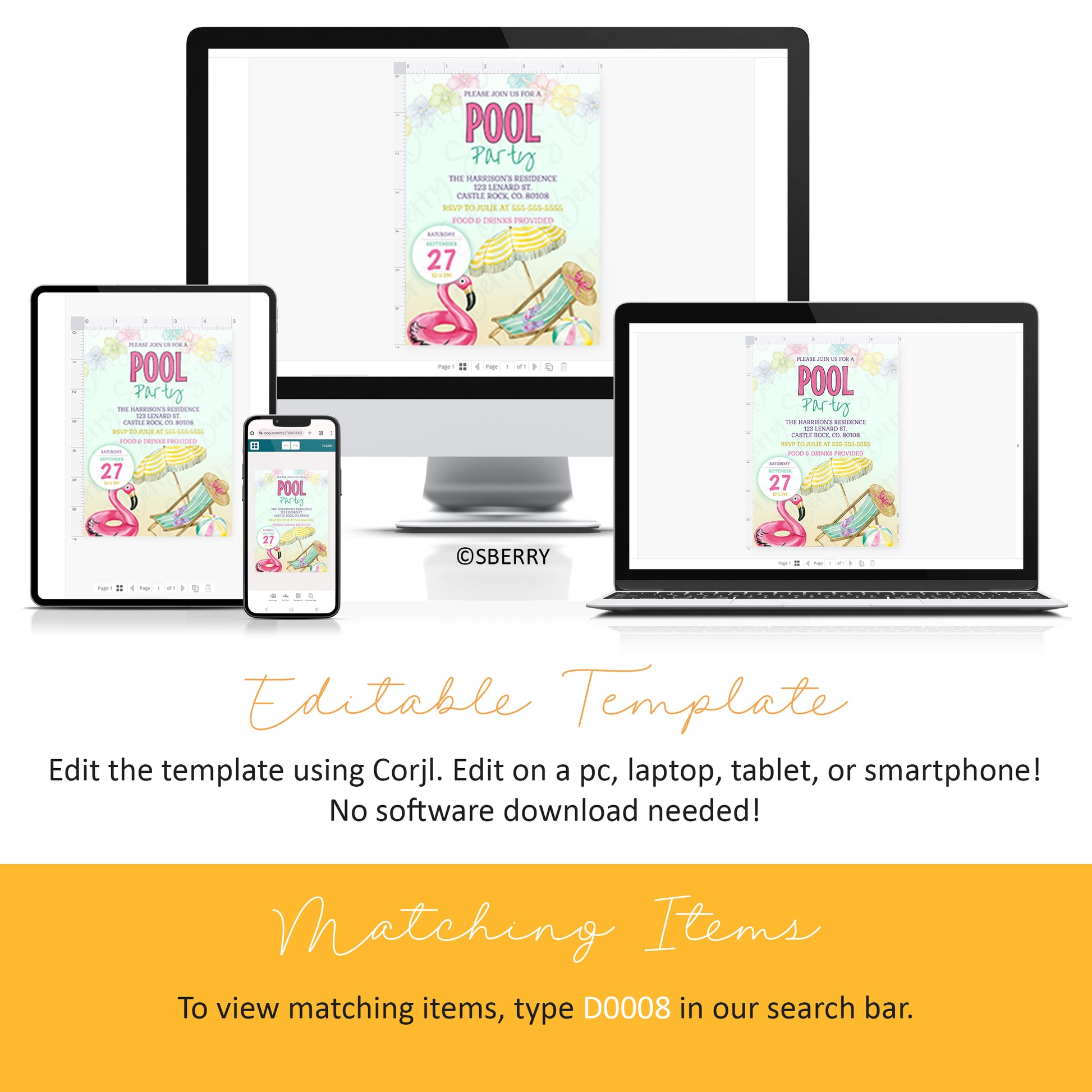A pool party invitation template is displayed on a computer, laptop, tablet, and smartphone, showing compatibility with multiple devices. Text explains editing options and finding matching items.