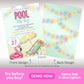 Pool party invitation featuring a colorful front design with event details, a flamingo float, and poolside items; back design with pastel flower patterns.