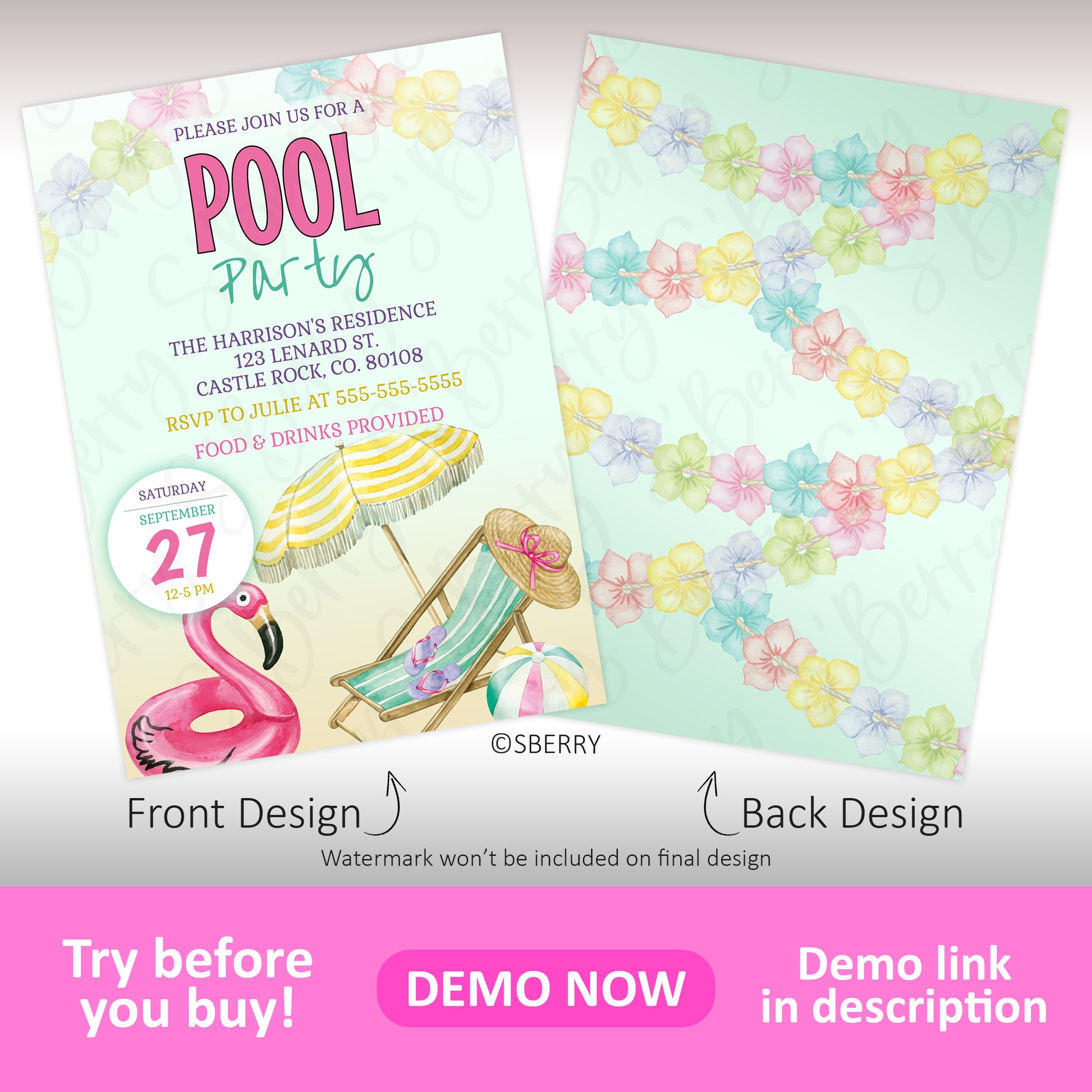 Pool party invitation featuring a colorful front design with event details, a flamingo float, and poolside items; back design with pastel flower patterns.