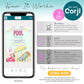 Smartphone displaying a pool party invitation with Corjl editing instructions; three steps shown: purchase, edit, and print/share; includes demo and instant access details.