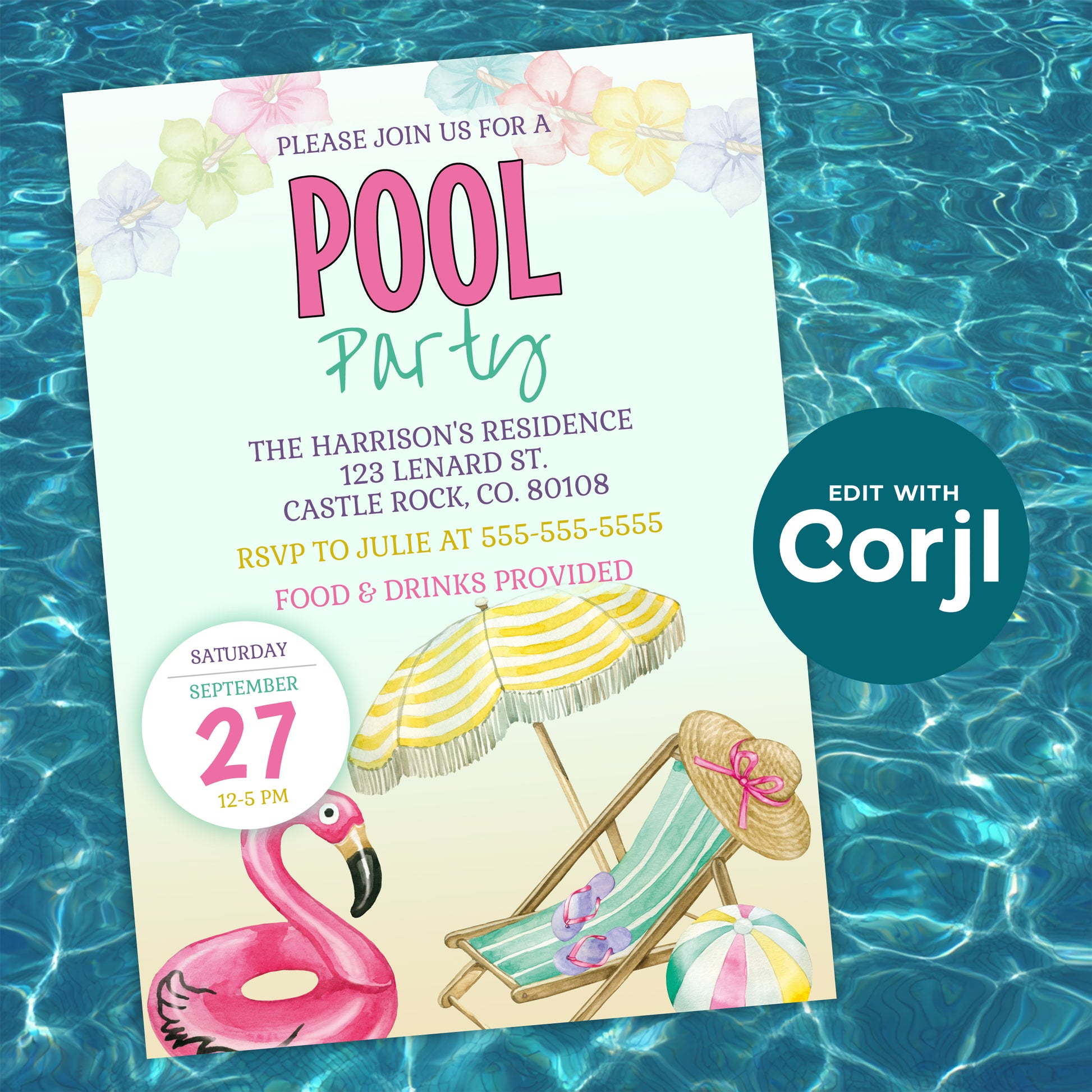 Pool party invitation displayed over a blue water background, featuring flamingo float and beach elements, editable Corjl template for summer parties.