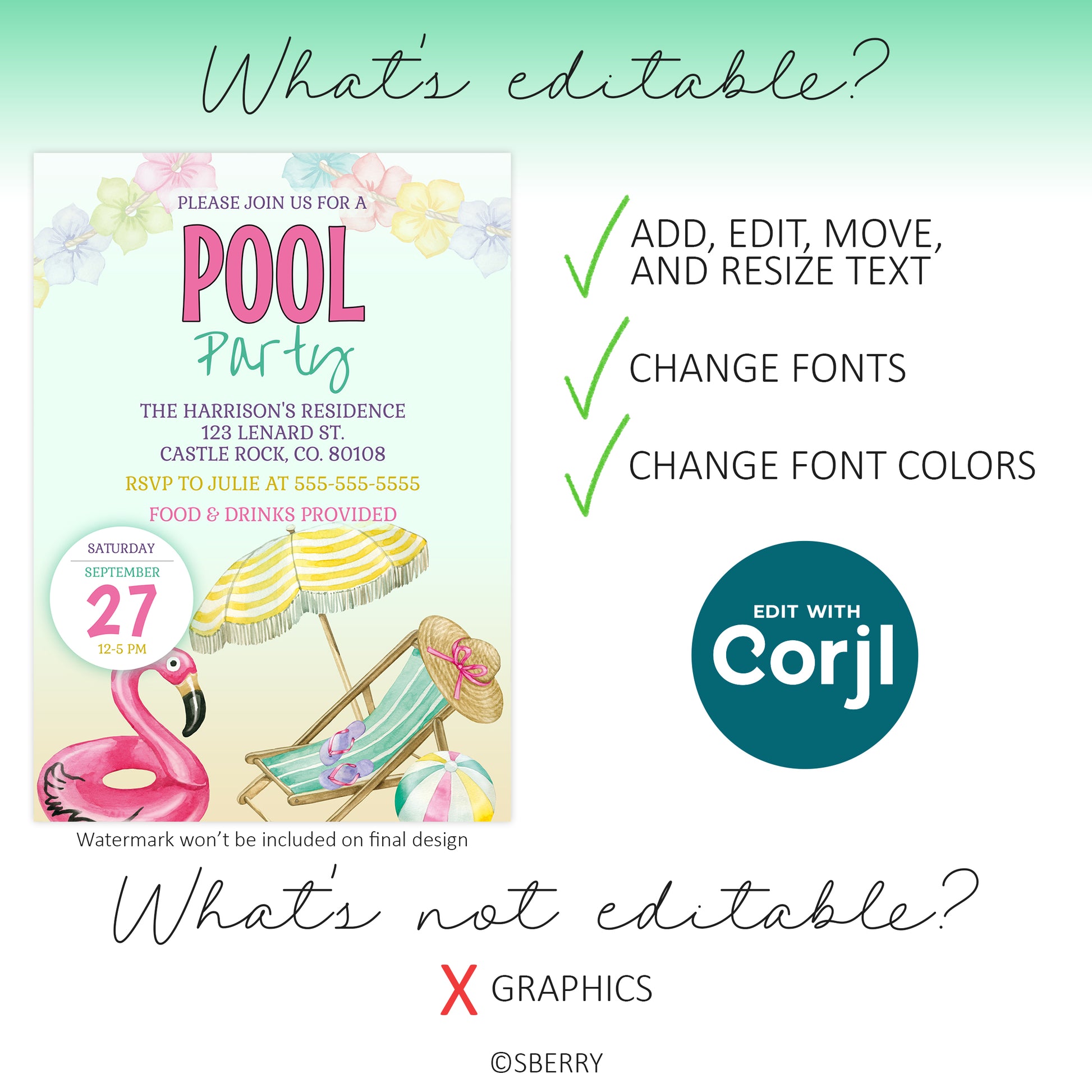 Pool party invitation template listing editable features (text, fonts, font colors) and non-editable graphics, with Corjl logo indicating use of the Corjl editing platform.