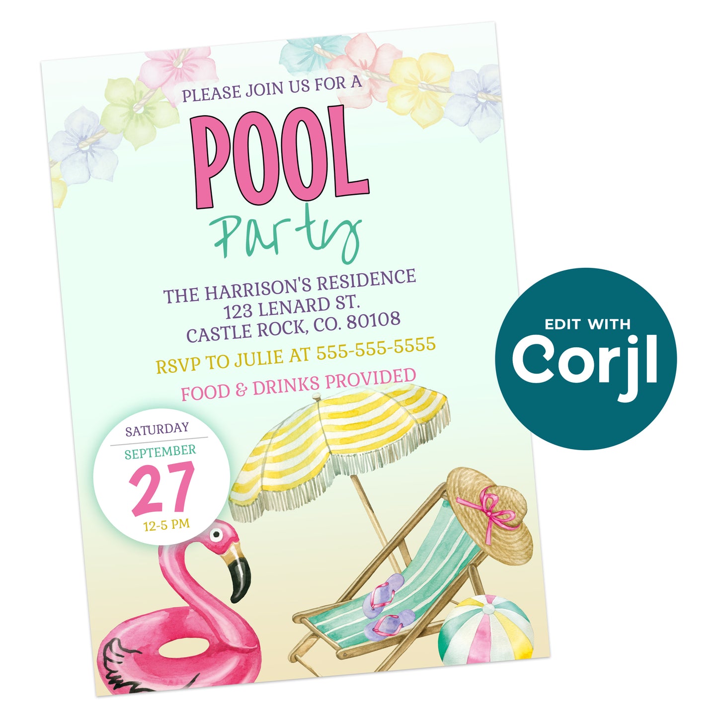 Pool party invitation with colorful flowers, a flamingo float, a striped lounge chair and umbrella, and a beach ball. Event details and RSVP information are printed on the invitation.