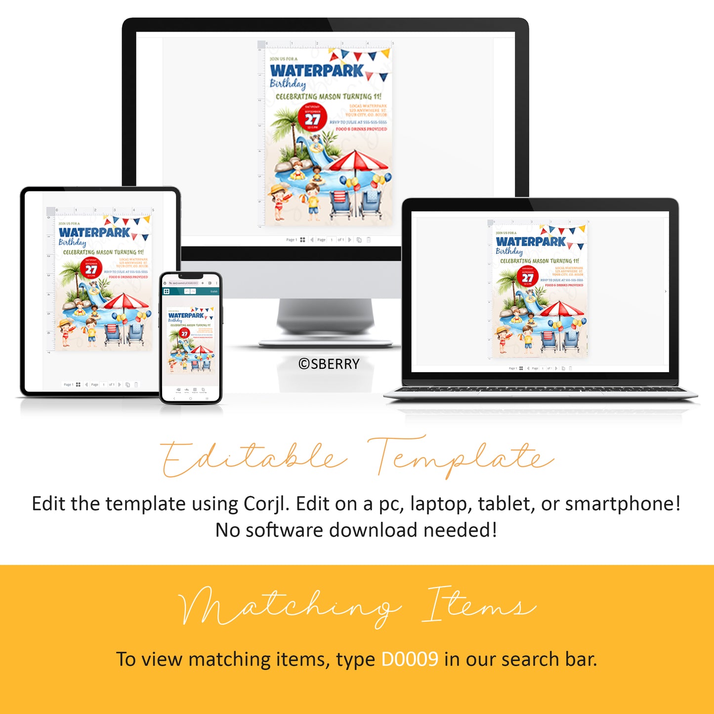 Waterpark birthday party invitation template displayed on desktop, laptop, tablet, and smartphone screens. Instructions and matching item information are shown below the images.
