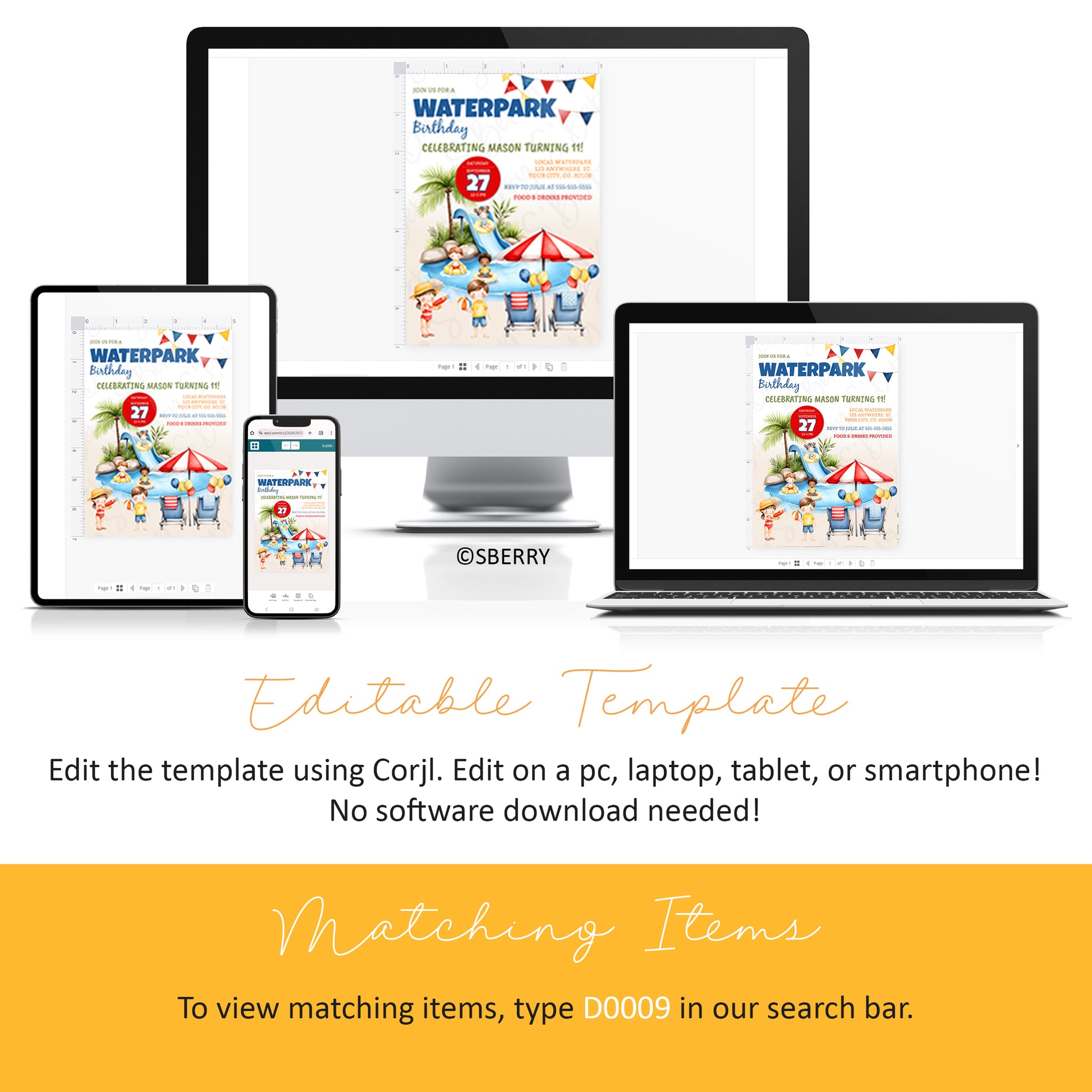 Waterpark birthday party invitation template displayed on desktop, laptop, tablet, and smartphone screens. Instructions and matching item information are shown below the images.