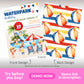A waterpark birthday party invitation featuring kids, slides, and balloons on the front; the back design displays a colorful beach ball pattern.