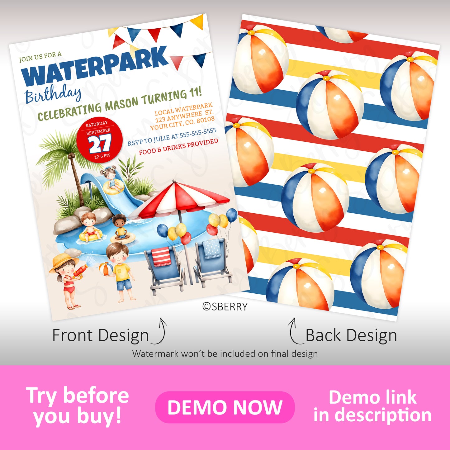 A waterpark birthday party invitation featuring kids, slides, and balloons on the front; the back design displays a colorful beach ball pattern.