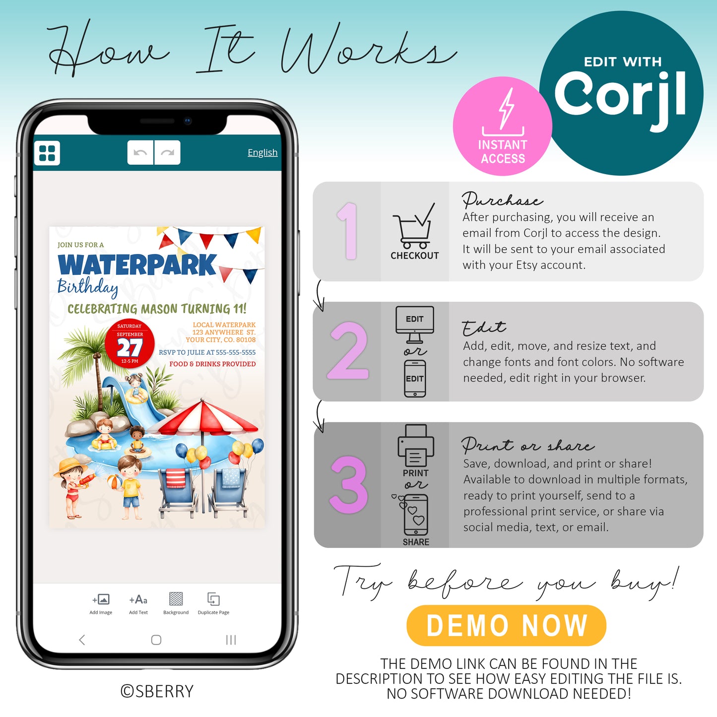 An infographic explains how to edit a waterpark birthday invitation template using Corjl, detailing steps for purchase, editing, and printing or sharing.