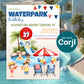 Waterpark birthday invitation displayed over a real waterpark slide background, featuring bright summer colors and playful pool party theme, editable template.