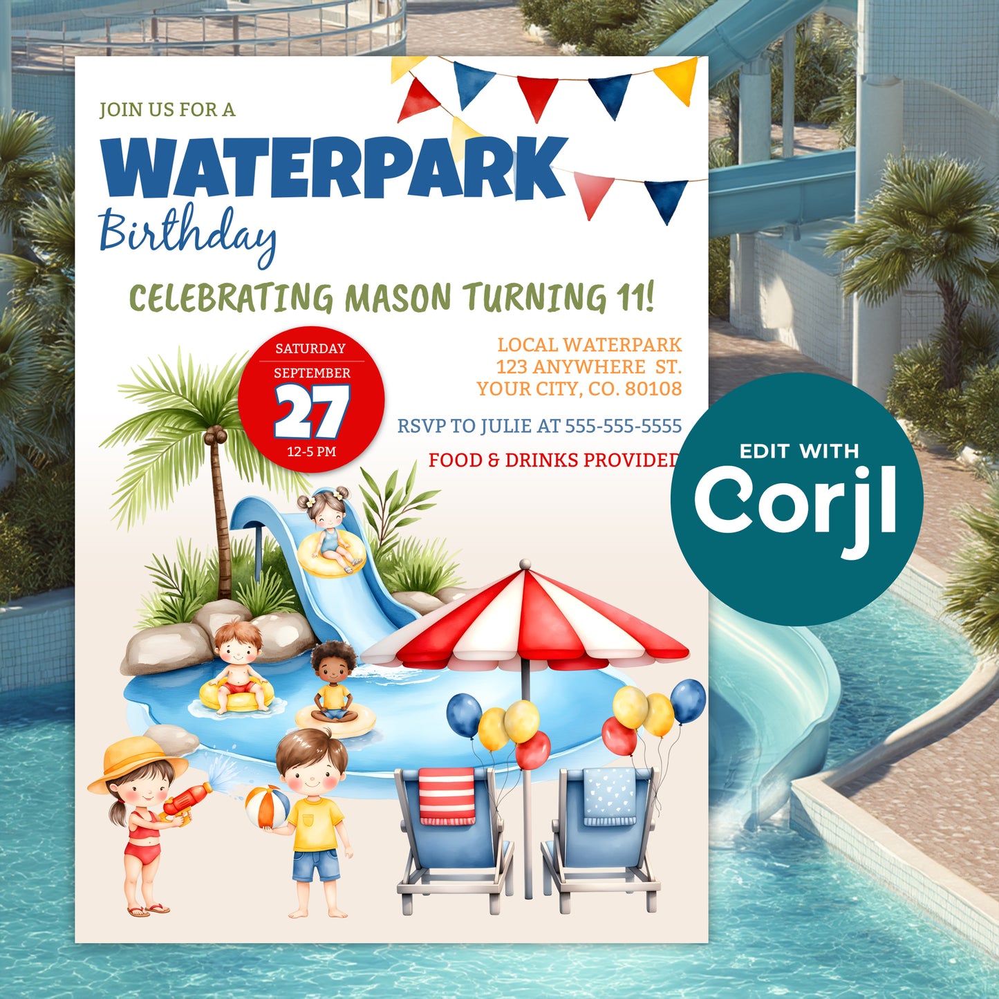Waterpark birthday invitation displayed over a real waterpark slide background, featuring bright summer colors and playful pool party theme, editable template.