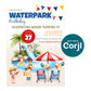 Waterpark birthday party invitation featuring children playing in a pool with a slide, beach balls, and palm trees; event details listed on the right side.