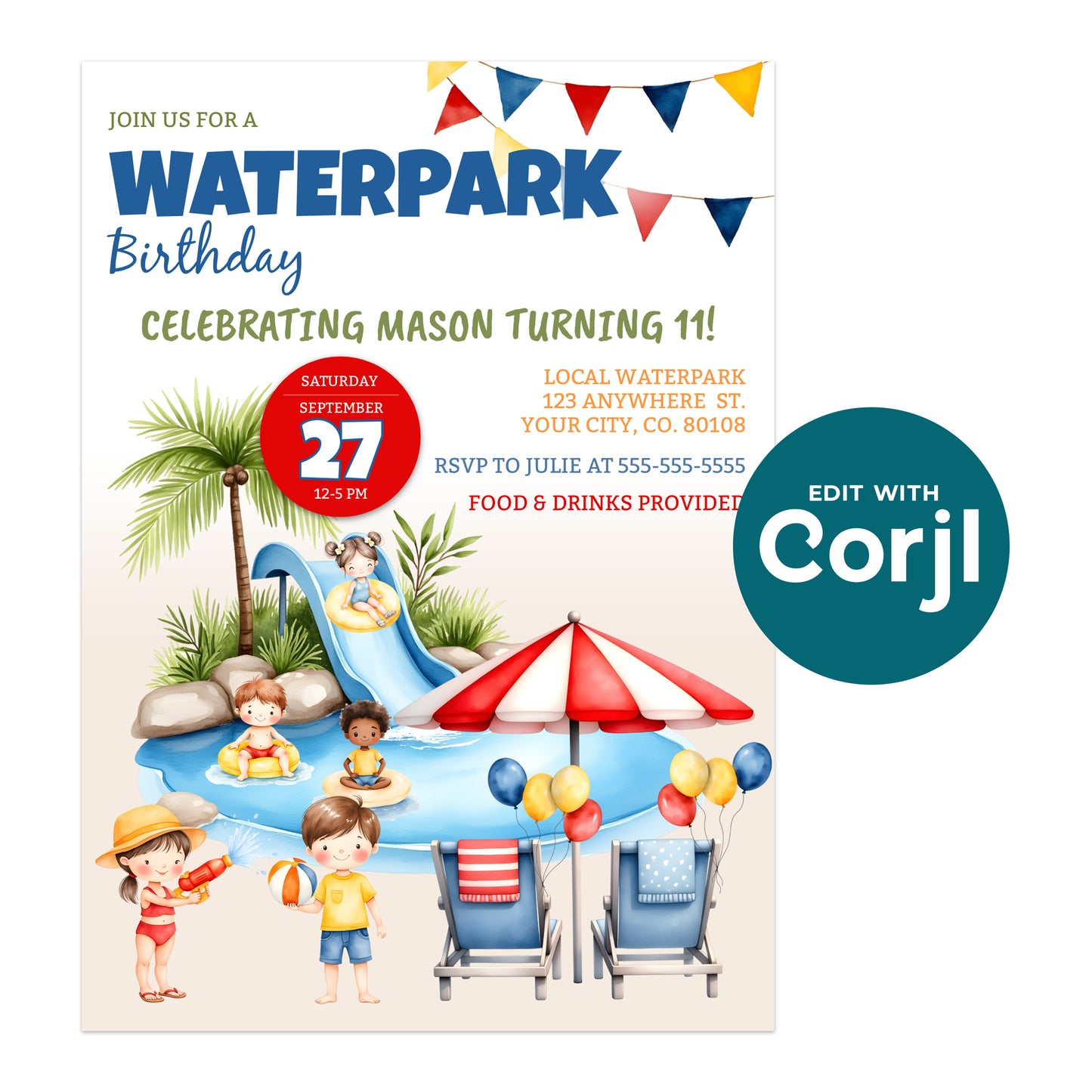Waterpark birthday party invitation featuring children playing in a pool with a slide, beach balls, and palm trees; event details listed on the right side.