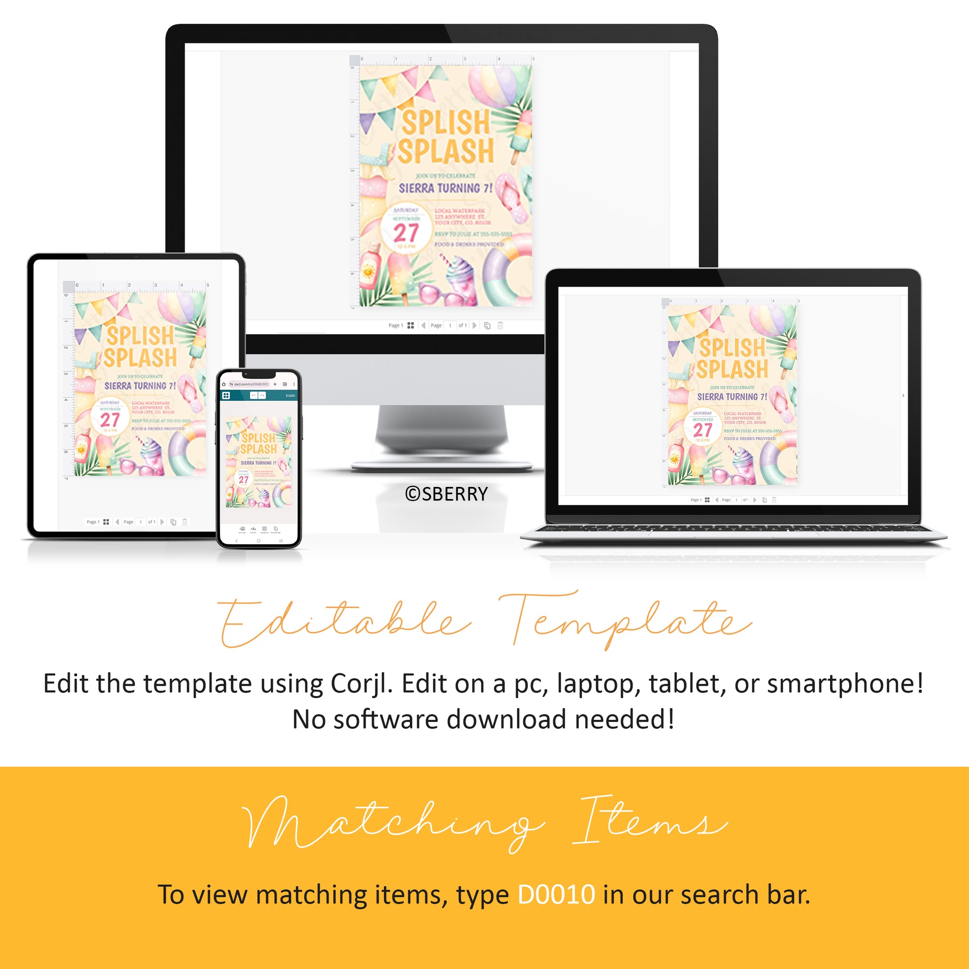 A digital device mockup displays a "Splish Splash" birthday invitation template on a desktop, laptop, tablet, and smartphone with text describing the editable template.