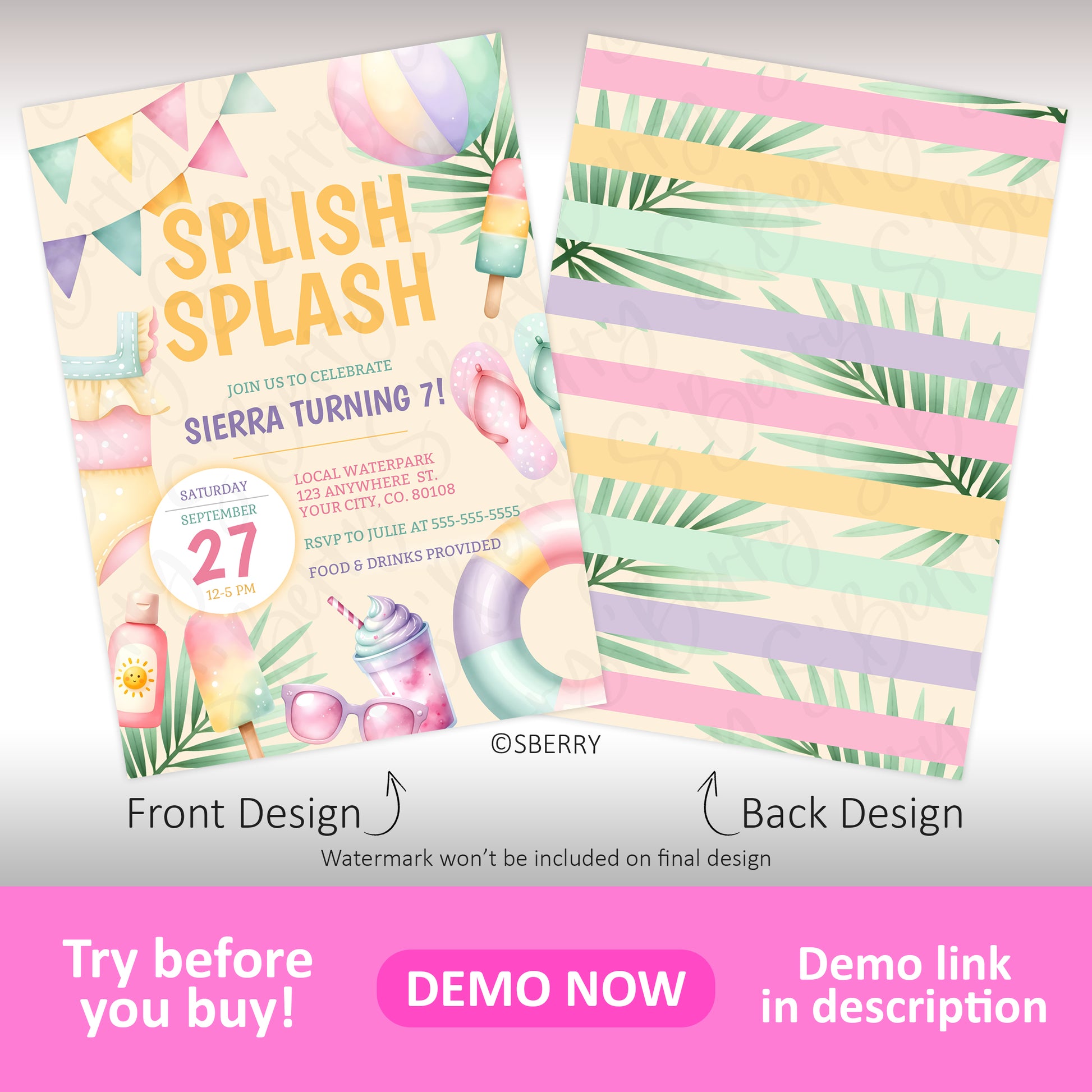 Front and back designs of a colorful pool party invitation featuring pastel floats, ice cream, and tropical leaves, with event details for a child's birthday party.