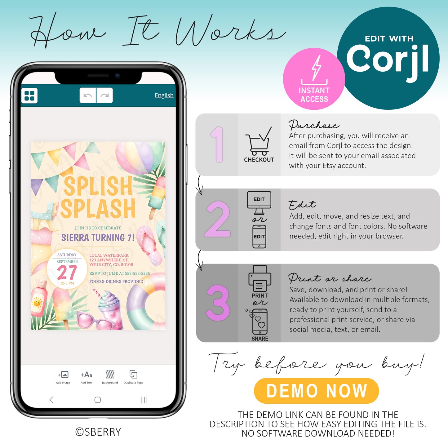 Infographic showing steps to edit a digital invitation using Corjl: purchase, edit online, then print or share. Includes a phone displaying the invitation and a "Demo Now" button.