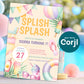 Pastel pool party invitation displayed in a summer party setting with soft colorful decor, featuring beach balls, popsicles, and fun “Splish Splash” theme.