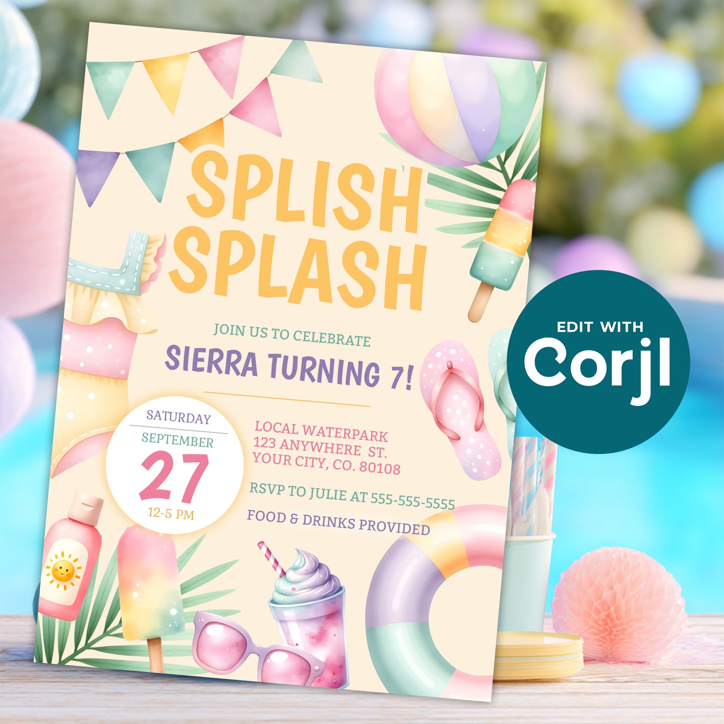 Pastel pool party invitation displayed in a summer party setting with soft colorful decor, featuring beach balls, popsicles, and fun “Splish Splash” theme.