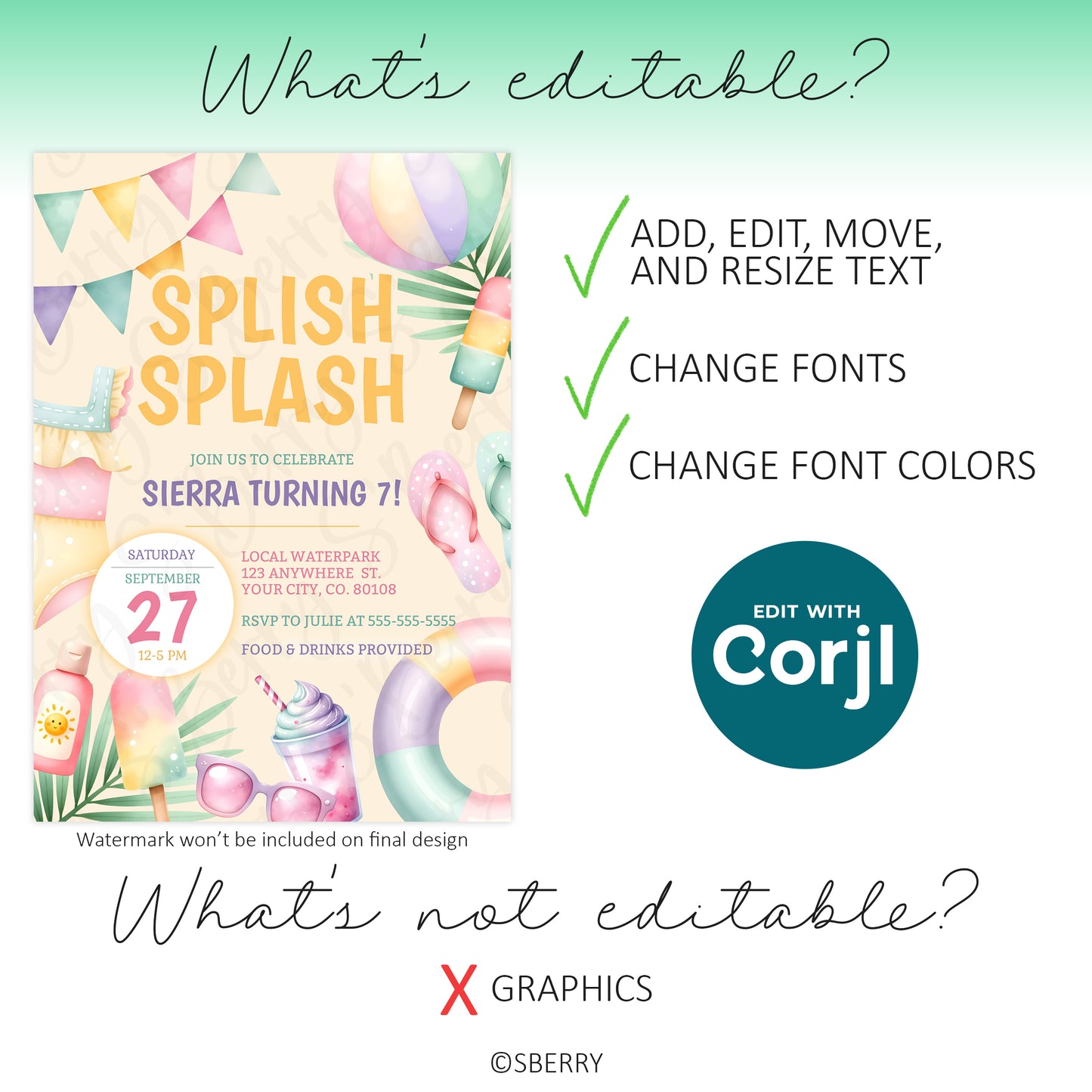 Digital birthday invitation template with pool party graphics; text, fonts, and font colors are editable, but graphics cannot be changed.