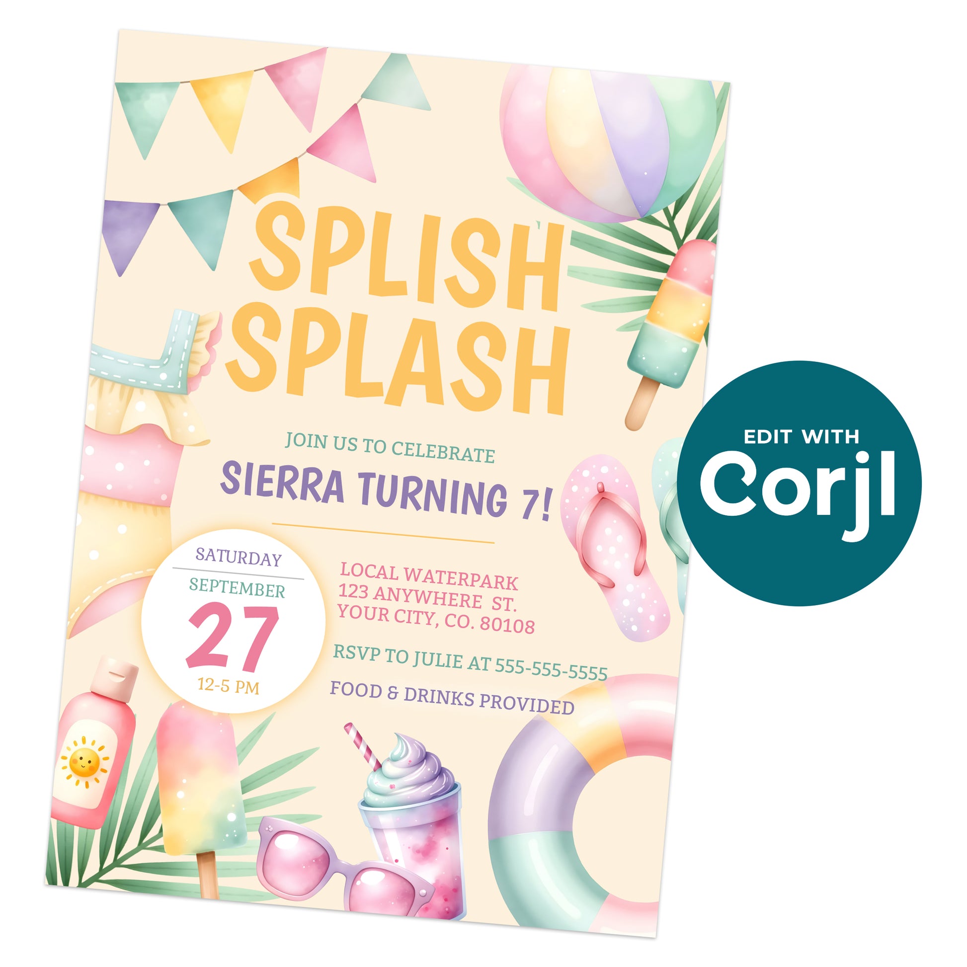 Colorful birthday invitation for a 7-year-old pool party with summer-themed decorations, event details, RSVP info, and a Corjl editing badge.